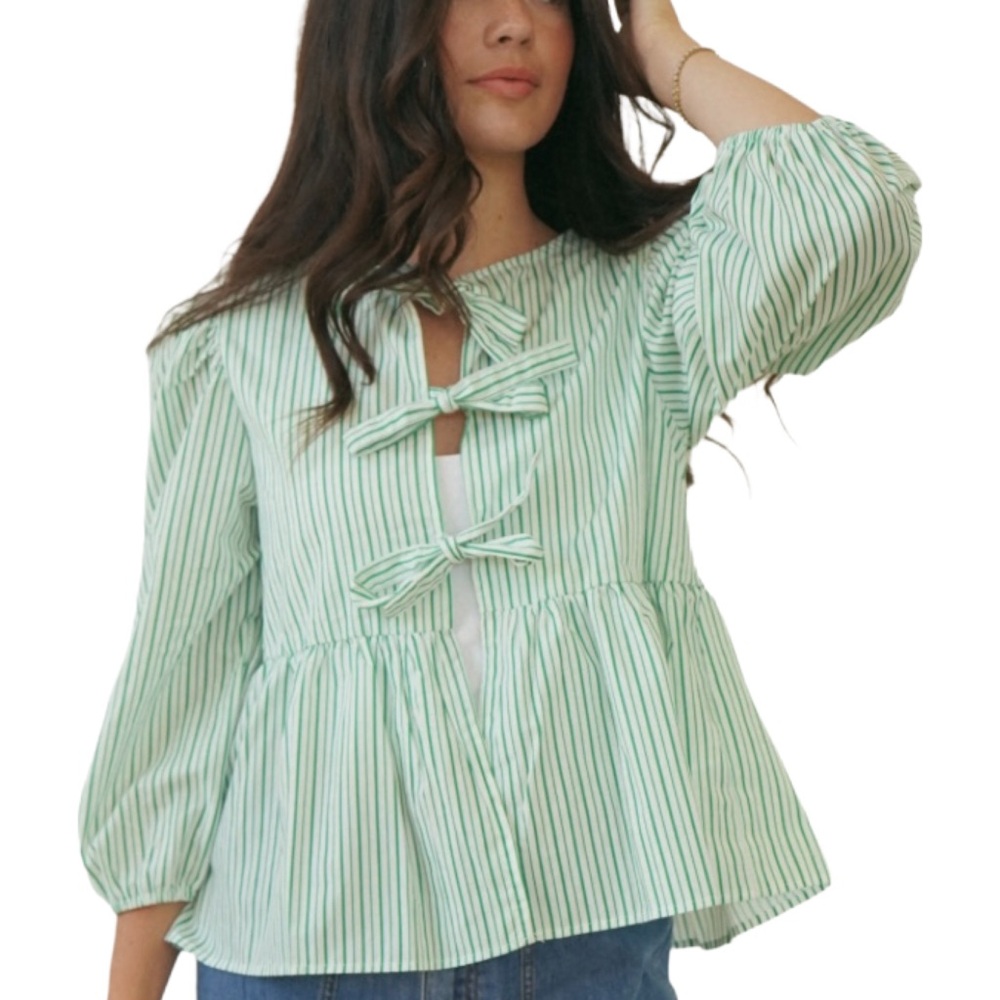 Peplum Blouse Green Striped Front Tie Summer Top Size Small Puff Sleeves